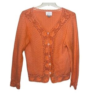 Christopher & Banks Orange Knit Button Front Cardigan with Flower Buttons Medium